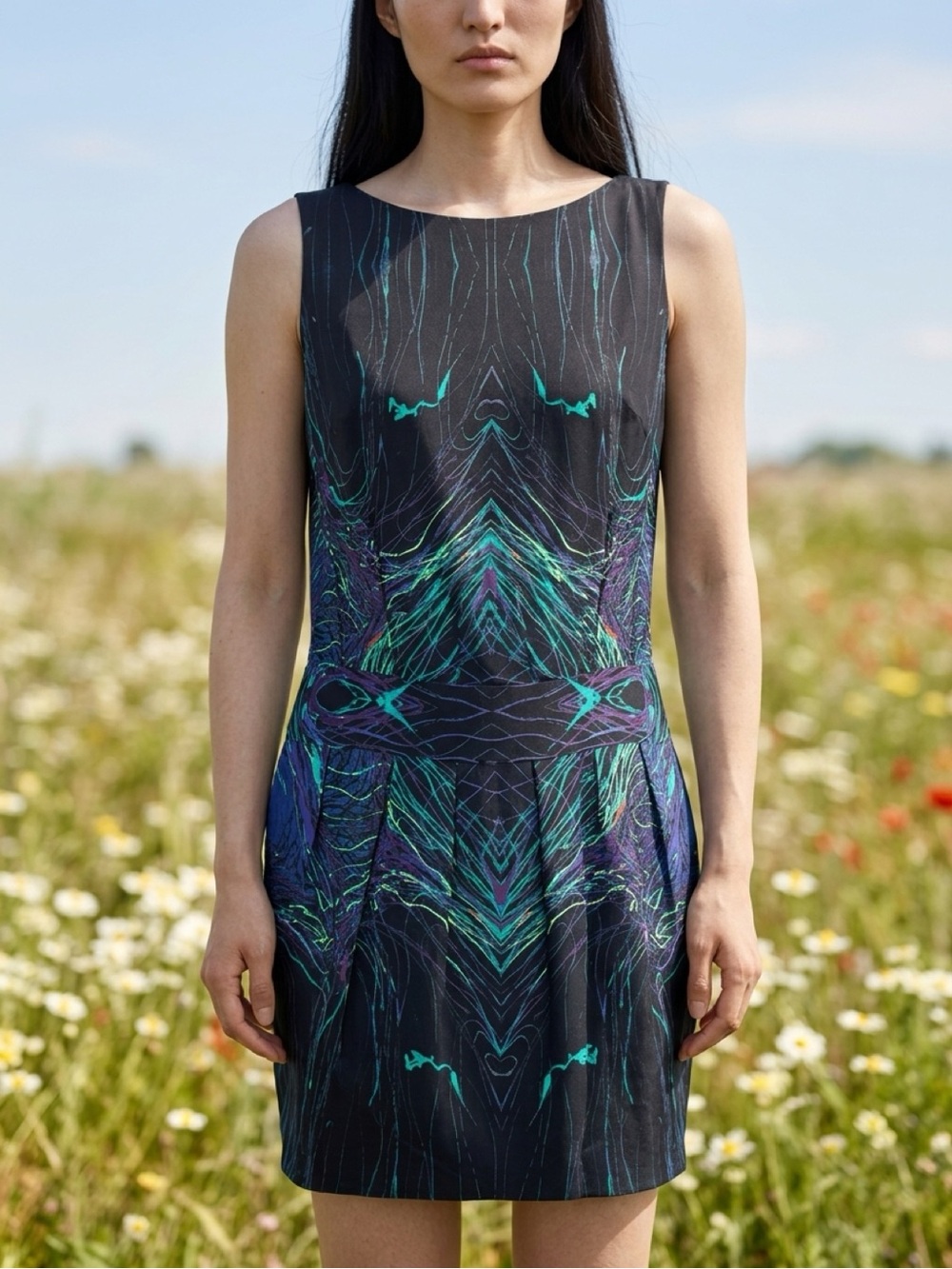 Sleeveless Brian Reyes Black Mini Dress with Teal and Purple Abstract Print